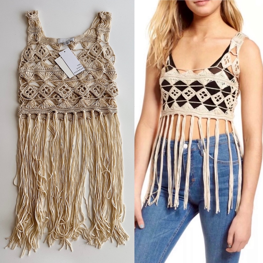 ✨New TEN SIXTY SHERMAN Tassel Hem Crochet Top Boho Natural Small